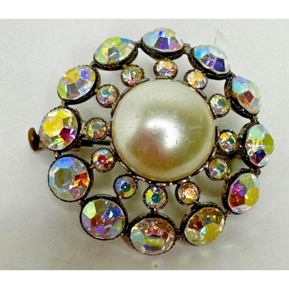 Vintage AB Rhinestone Brooch Faux Pearl Center 1950s Trombone Clasp